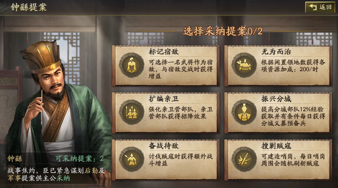 三国志战略版钟繇的政厅提案怎么选